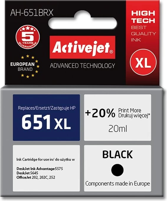 Ngjyrë zëvendësuese Activejet AH-651BRX për printer HP, 20ml, e zezë