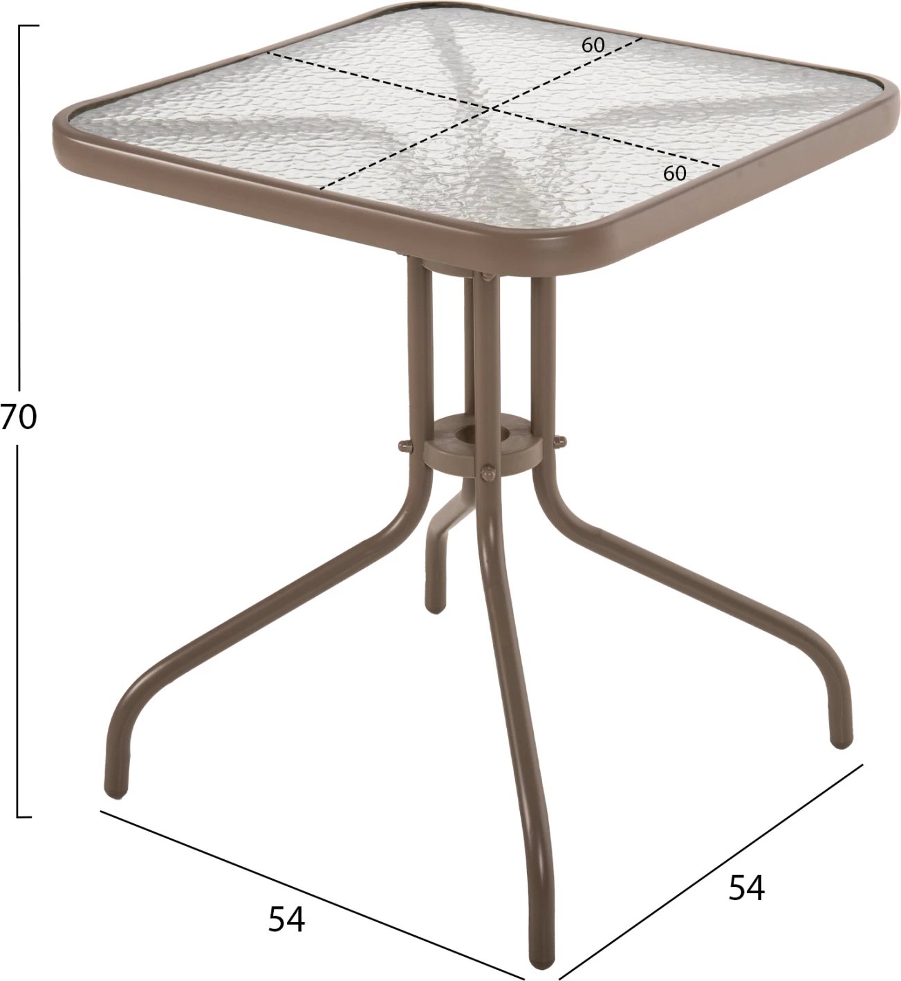 Tavolinë e jashtme katrore FIGO FH5035.04, ngjyrë shampanjë, metal-xham, 60x60x70 cm