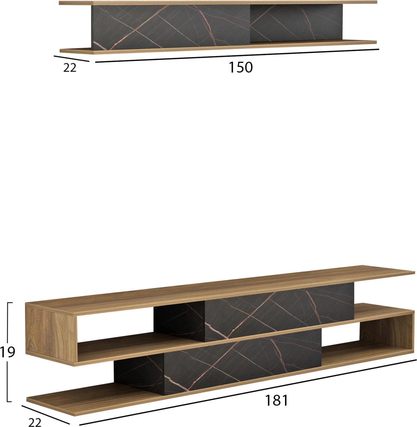 Kompleti i mobiljeve për TV, BIRGITTA, FH8903.12, melaminë, natyrale-mermer i zi, 181x31,5x39,6H cm.