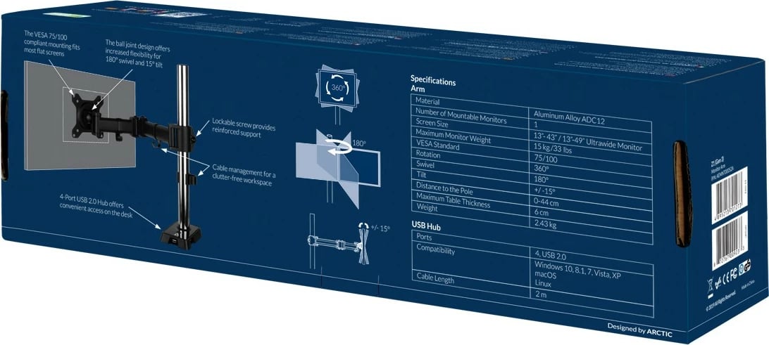 Mbajtës monitori ARCTIC Z1 (Gen 3), USB Hub, 15 kg, 96.5 cm (38"), i zi