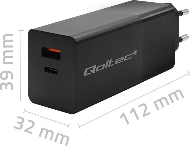 Karikues Qoltec GaN POWER PRO, 1xUSB type C, 1xUSB A, 100W, zi