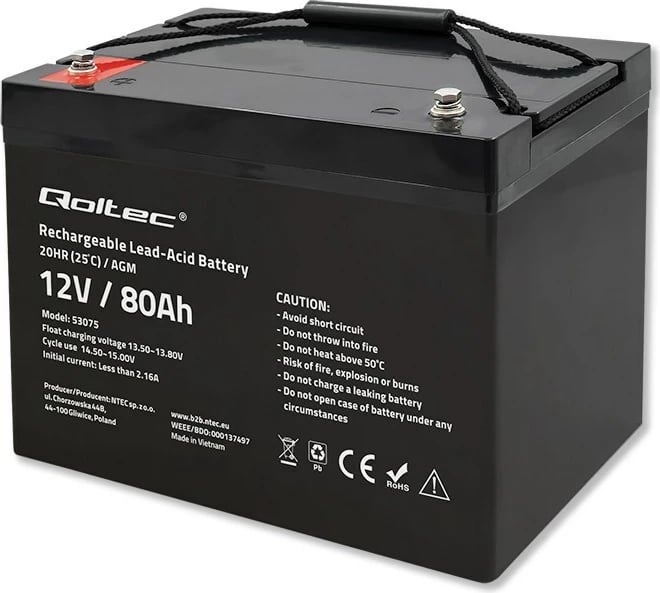 Bateri Qoltec 53075 AGM, 12V, 80Ah, E zezë