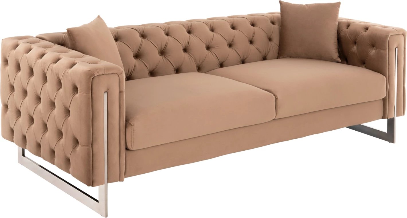 Divan 3-vendësh Chesterfield MOBAR FH3263.03, kadife bezhë, këmbë metalike, 212x87x68H cm.