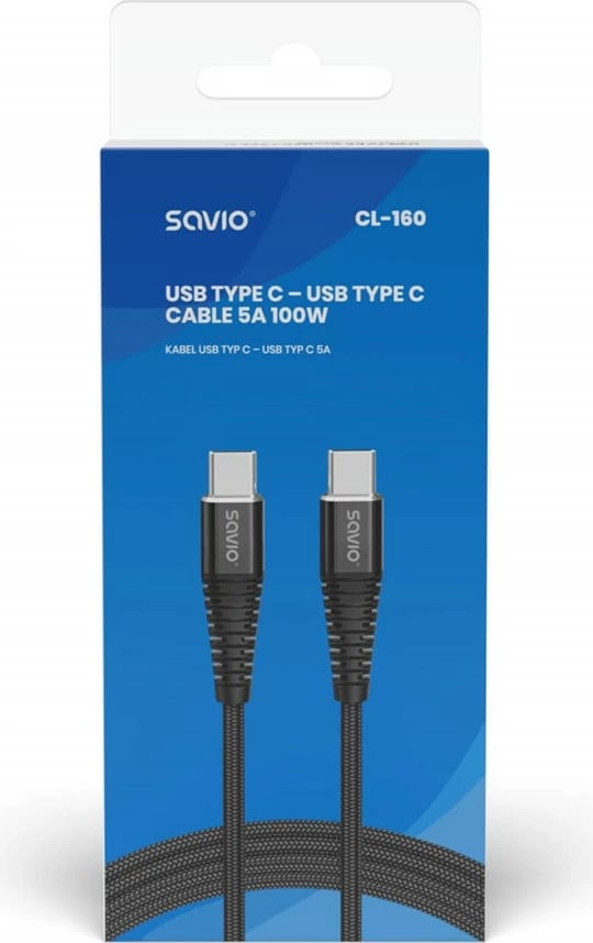 Kabllo Savio, USB 2.0, USB C - USB C, 2m, e zezë