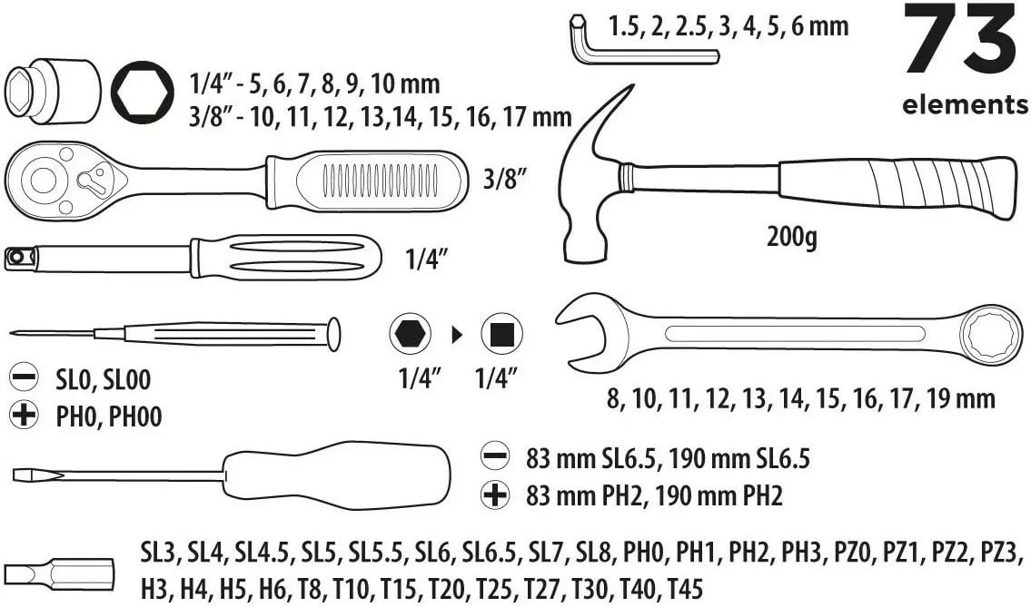 Set Veglash TOP TOOLS, 73 copa