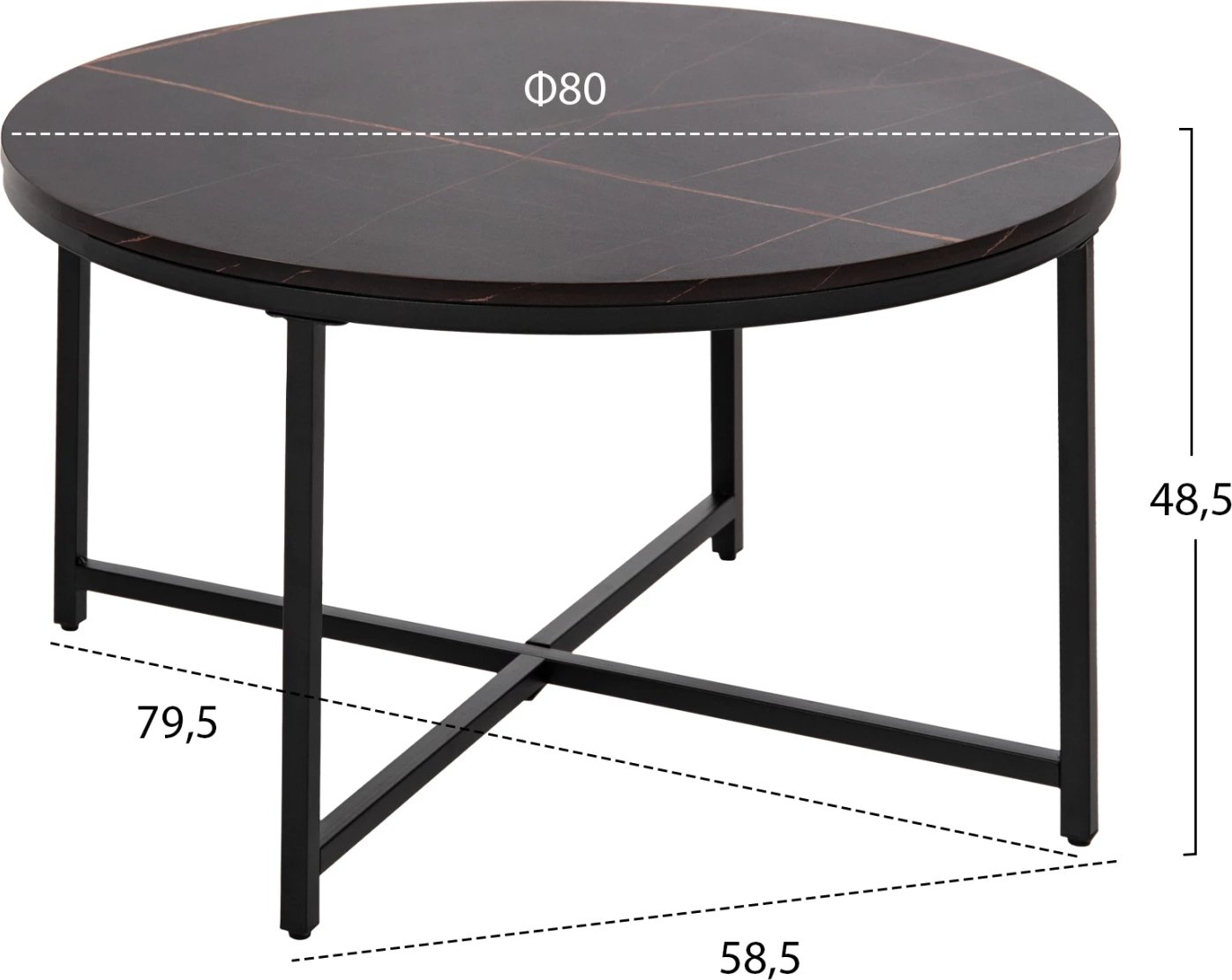 Tavolinë kafeje, melaminë ngjyrë mermeri të zi, këmbë metalike të zeza, FH9420.03, Φ80x48.5H cm.