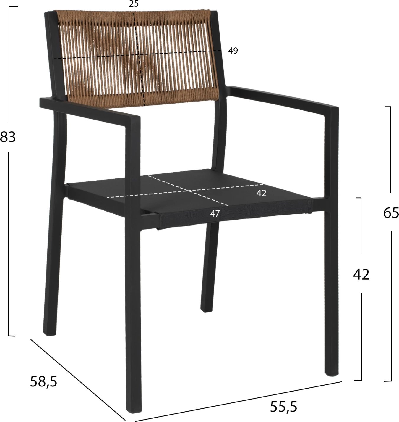 Karrige profesionale alumini, ngjyrë antracit, me shpinë PE rattan, 55.5x58.5x83H cm, FH5893.01