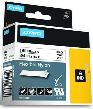 Etiketa fleksibile DYMO IND, najlon, 19mm x 3.5m, e zezë në të bardhë