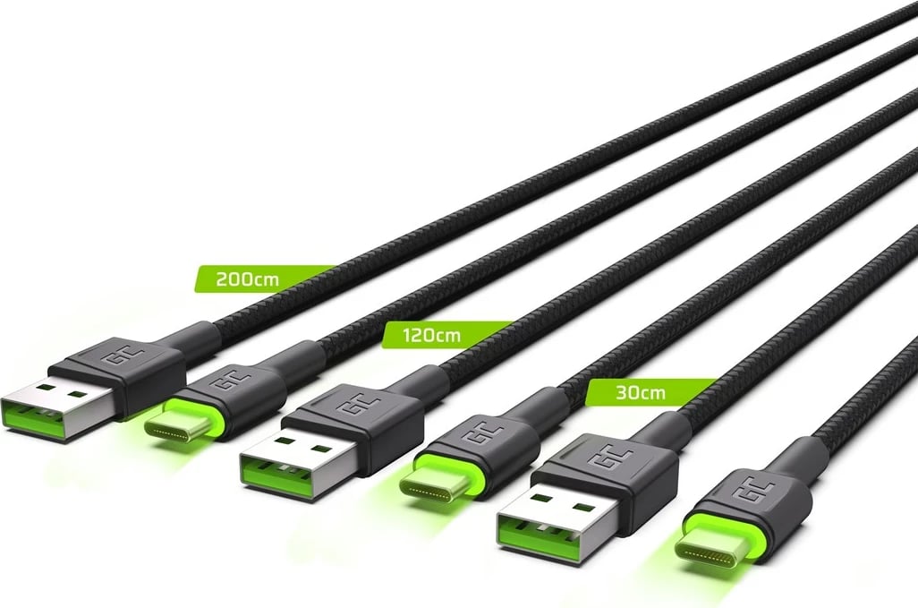 Set kabllosh USB-C Green Cell 3x GC Ray, 30cm, 120cm, 200cm, LED jeshile, karikim i shpejtë