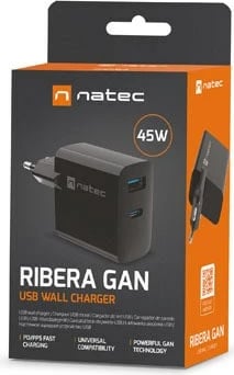 Karikues NATEC RIBERA GAN 1x USB-A + 1x USB-C 45W, i zi