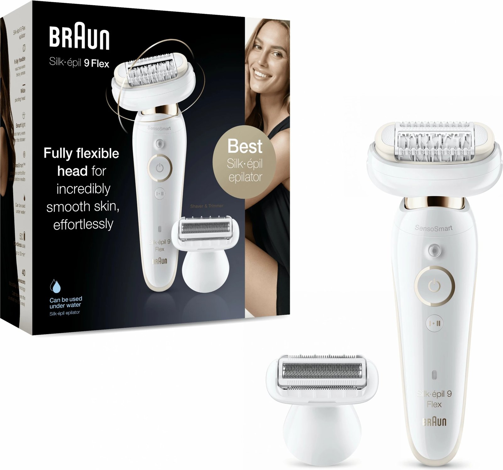 Epilator Braun Silk-épil 9 9-006 Flex, 40 piskatore, MicroGrip, SensoSmart, i bardhë