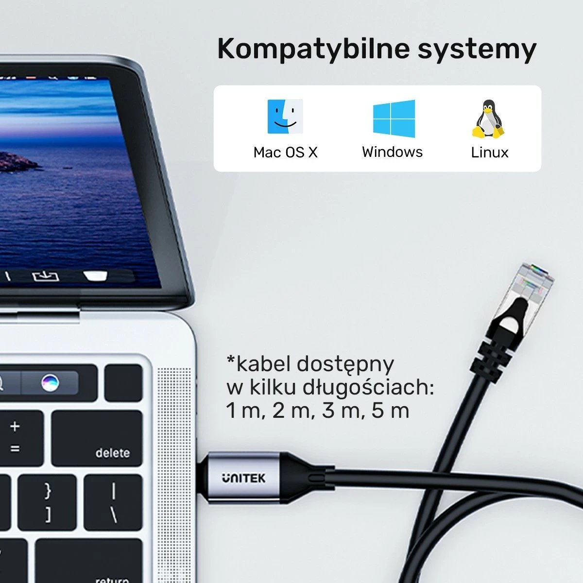 Kabllo  Ethernet Unitek USB C RJ-45 LAN, 2m, e zezë