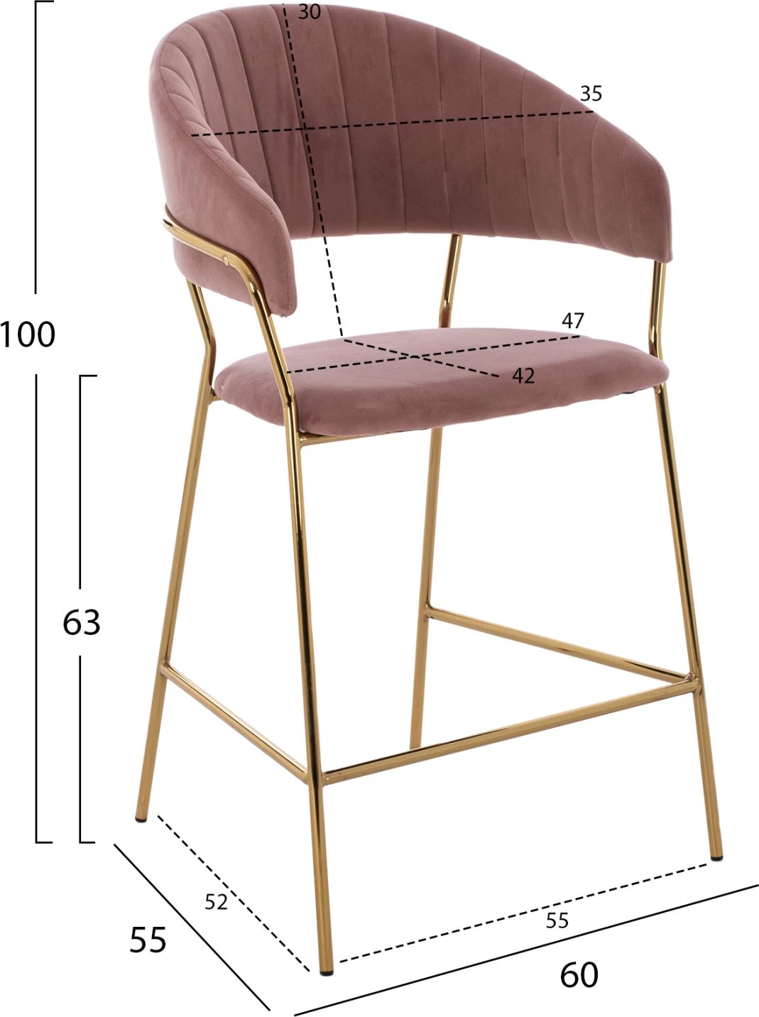 Karrige për bar, mesatare, FH8734.02, kadife ngjyrë rozë e pluhurosur, kornizë e artë, 60x55x100 cm, set prej 2 copë