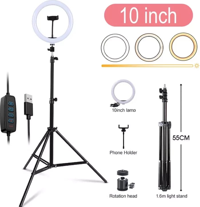 Dritë LED në formë unaze, 30cm + 1,6M tripod, e zezë