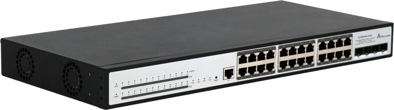 Switch PoE Extralink Chiron Pro, 24x RJ45 1000Mb/s, 4x SFP+, L3, i menaxhueshëm, 370W