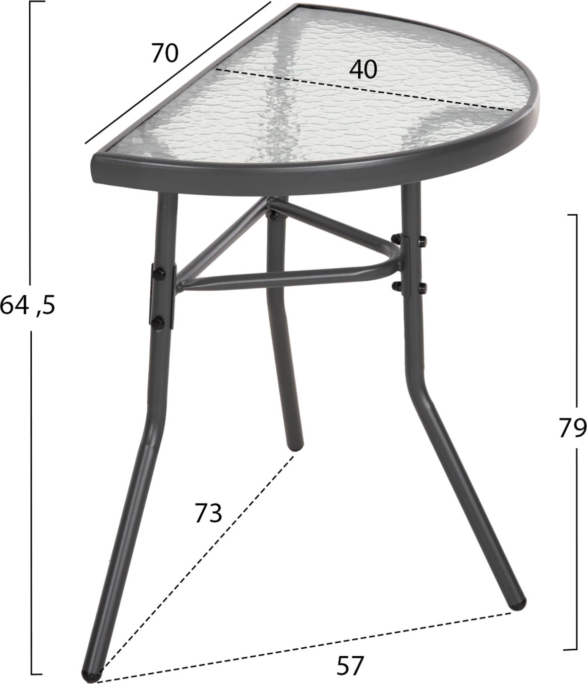 Tavolinë gjysmë rrethore LIMA FH5967.01 metalike, ngjyrë gri, me sipërfaqe xhami 70x40x64.5H cm.