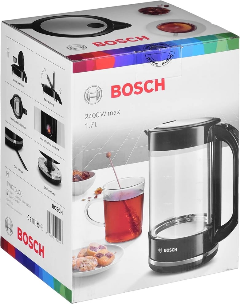 Vluese uji Bosch TWK70B03, 1.7 L, 2400 W, e zezë / transparente 