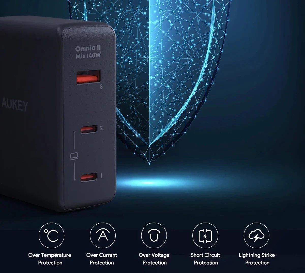 Karikues muri AUKEY PA-B7O Omnia II GaN 2xUSB-C 1xUSB-A PD 3.1 PPS 140W i zi