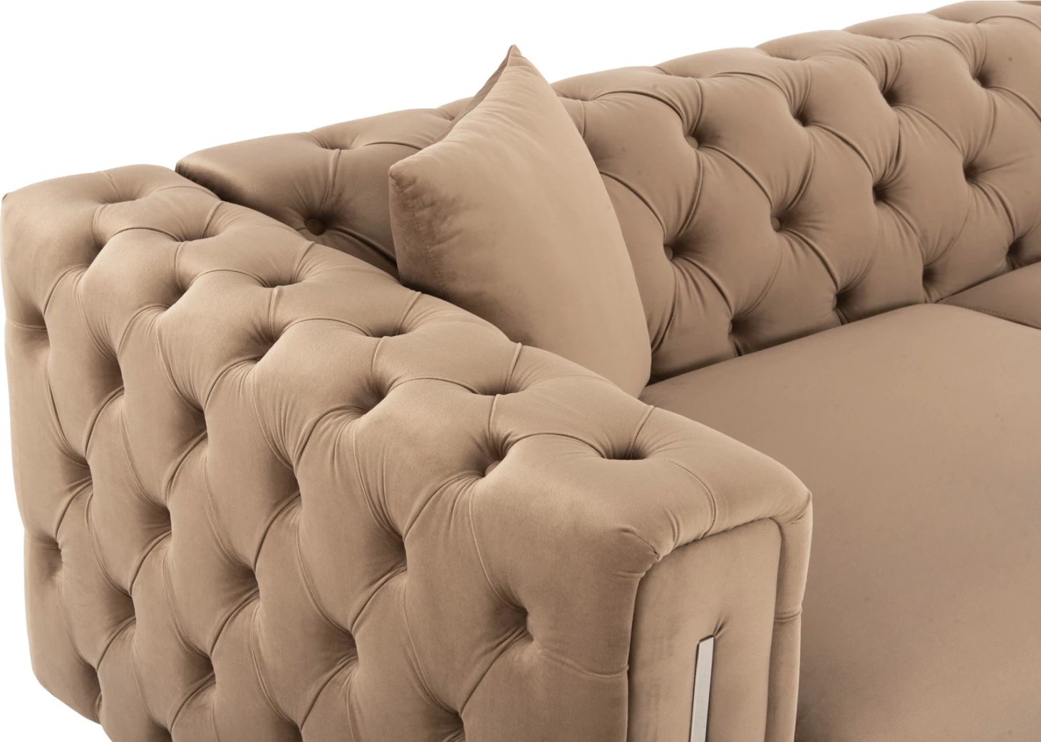 Divan 3-vendësh Chesterfield MOBAR FH3263.03, kadife bezhë, këmbë metalike, 212x87x68H cm.