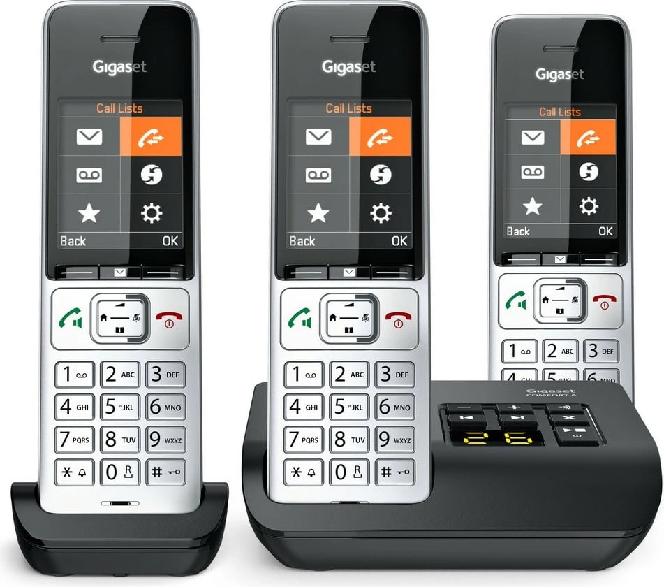 Telefon Gigaset COMFORT 500A Trio, Analog/DECT, Mbështjellës me kabllo, Altoparlant, 200 kontakte, ID thirrës, Ngjyrë e zezë, Argjend