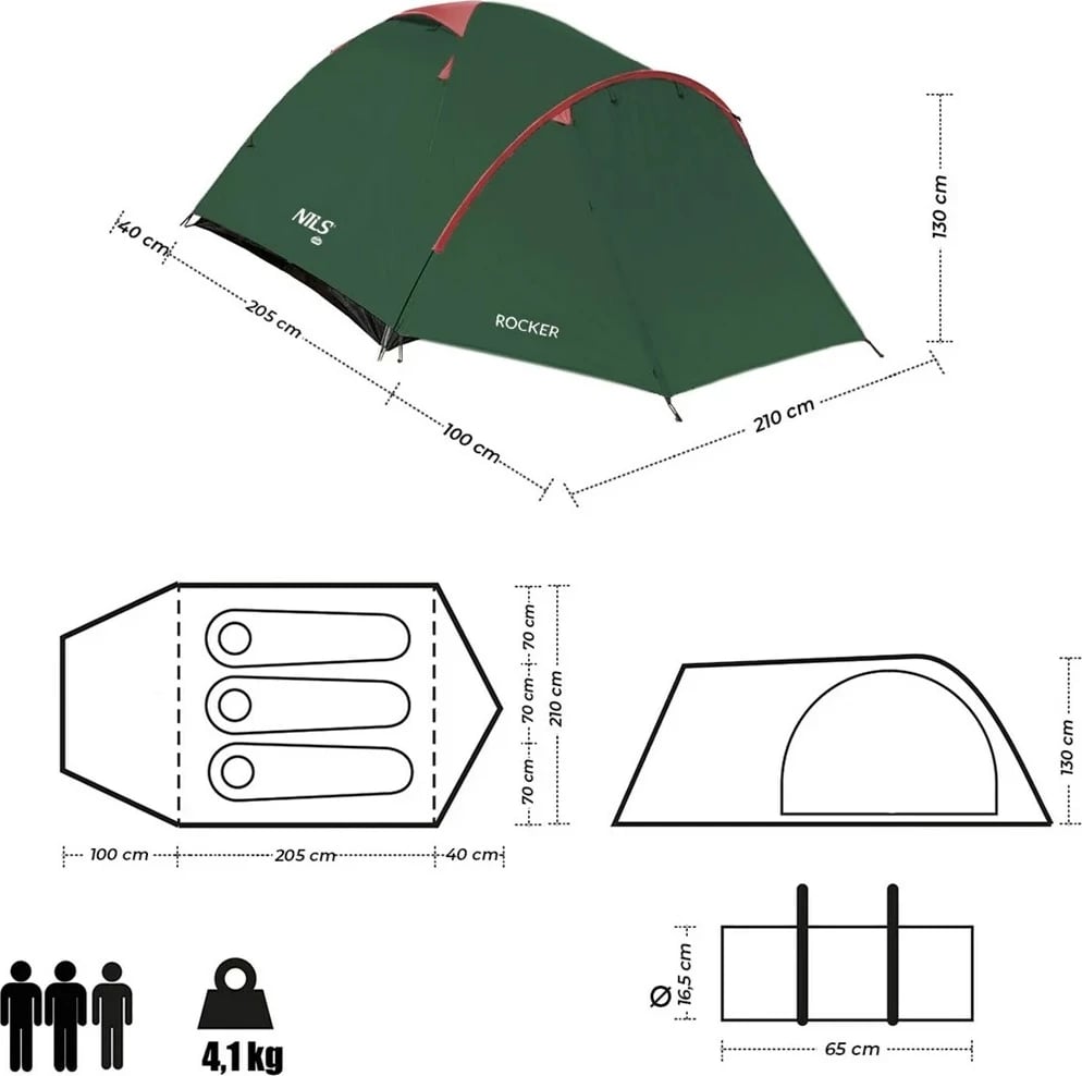 Tendë kampingu NILS eXtreme ROCKER NC6013, 3 persona, Jeshile