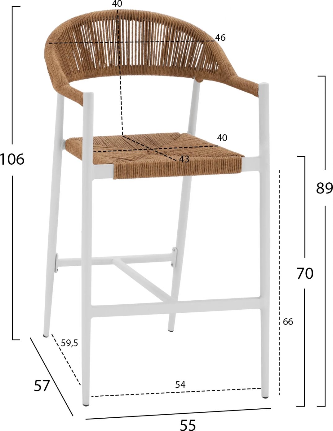 Karrige për bar alumini e bardhë me litar beix FH5788.01 55x57x106 cm