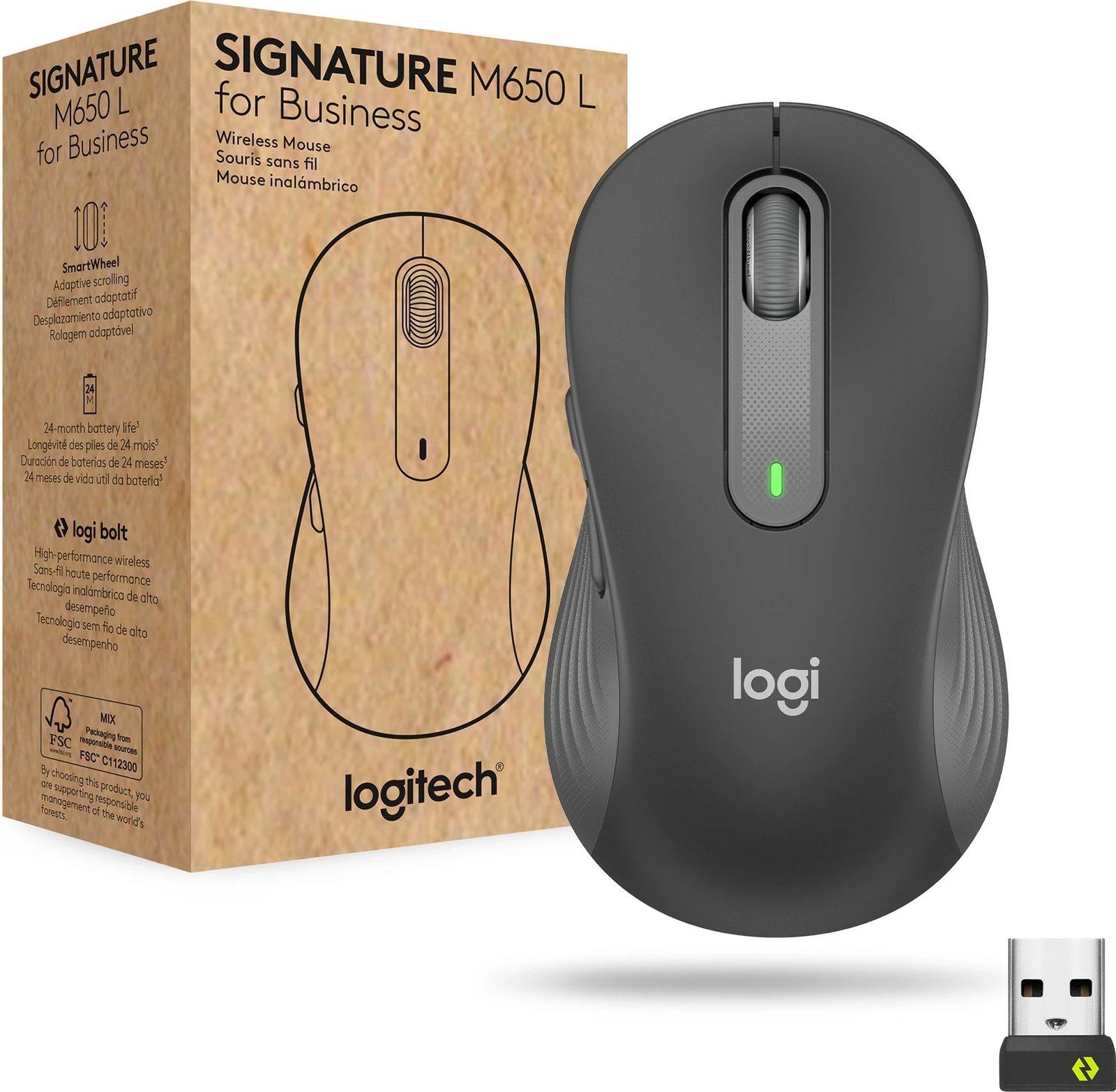 Maus Logitech Signature M650 L Wireless për Biznes, Djathtas, Optik, RF Wireless + Bluetooth, 4000 DPI, Grafit