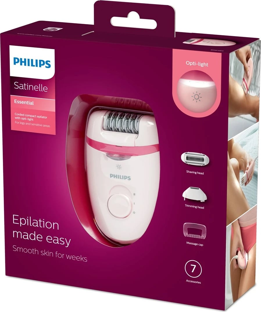 Epilator Philips Satinelle Essential me dritë optike, Rozë