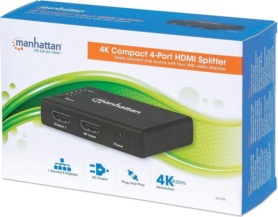 Splitter HDMI Manhattan 207706, 1x4, 4K 30Hz, UHD, 3D, zi