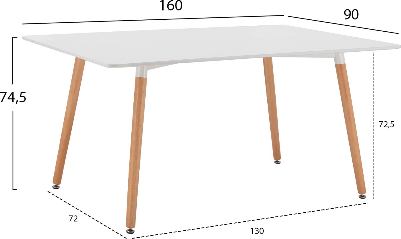 Tavolinë kuzhine minimaliste, MDF e bardhë, këmbë ahu, 160x90x74