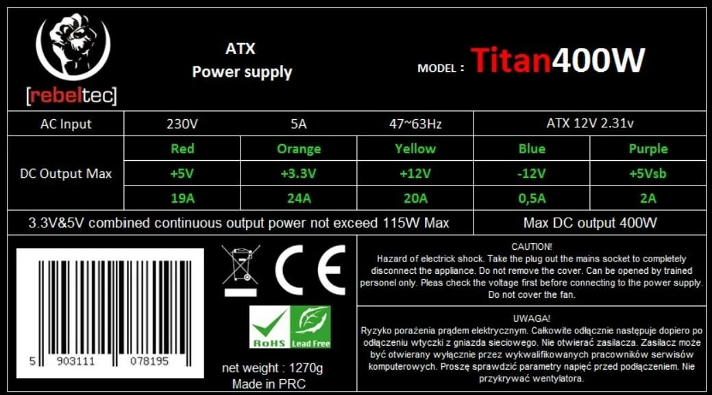 Furnizues energjie Rebeltec TITAN 400 ATX, i zi