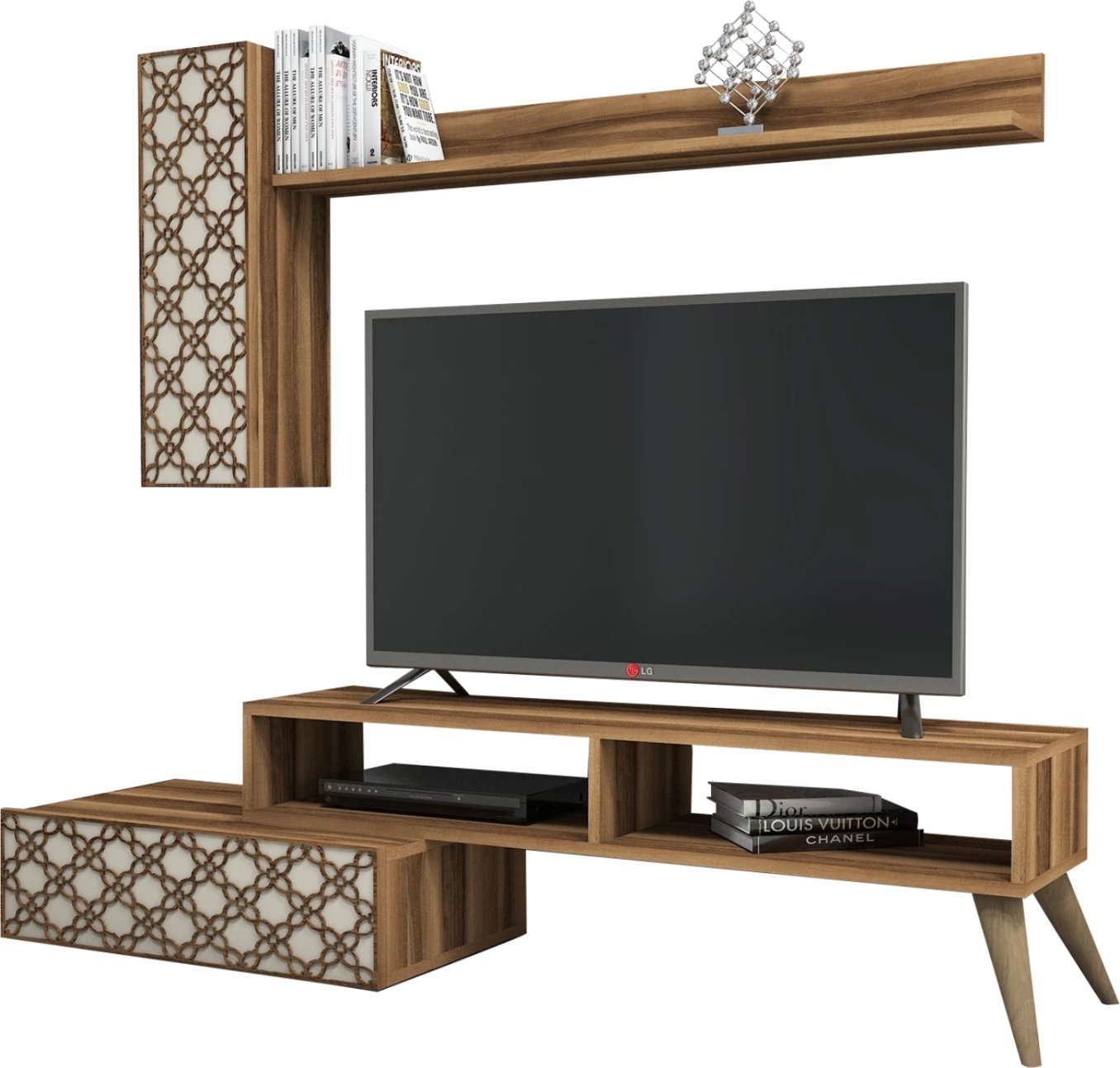 Set mobiljesh për TV, melaminë, ngjyrë arre dhe krem, FH9518.02, 150x37.2x37.8H cm