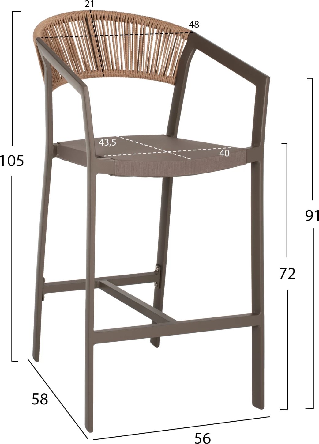 Karrige për bar alumini me krahë, ngjyrë shampanjë, ratan tekstil, e bardhë, 56x58x105 cm, FH5892.03