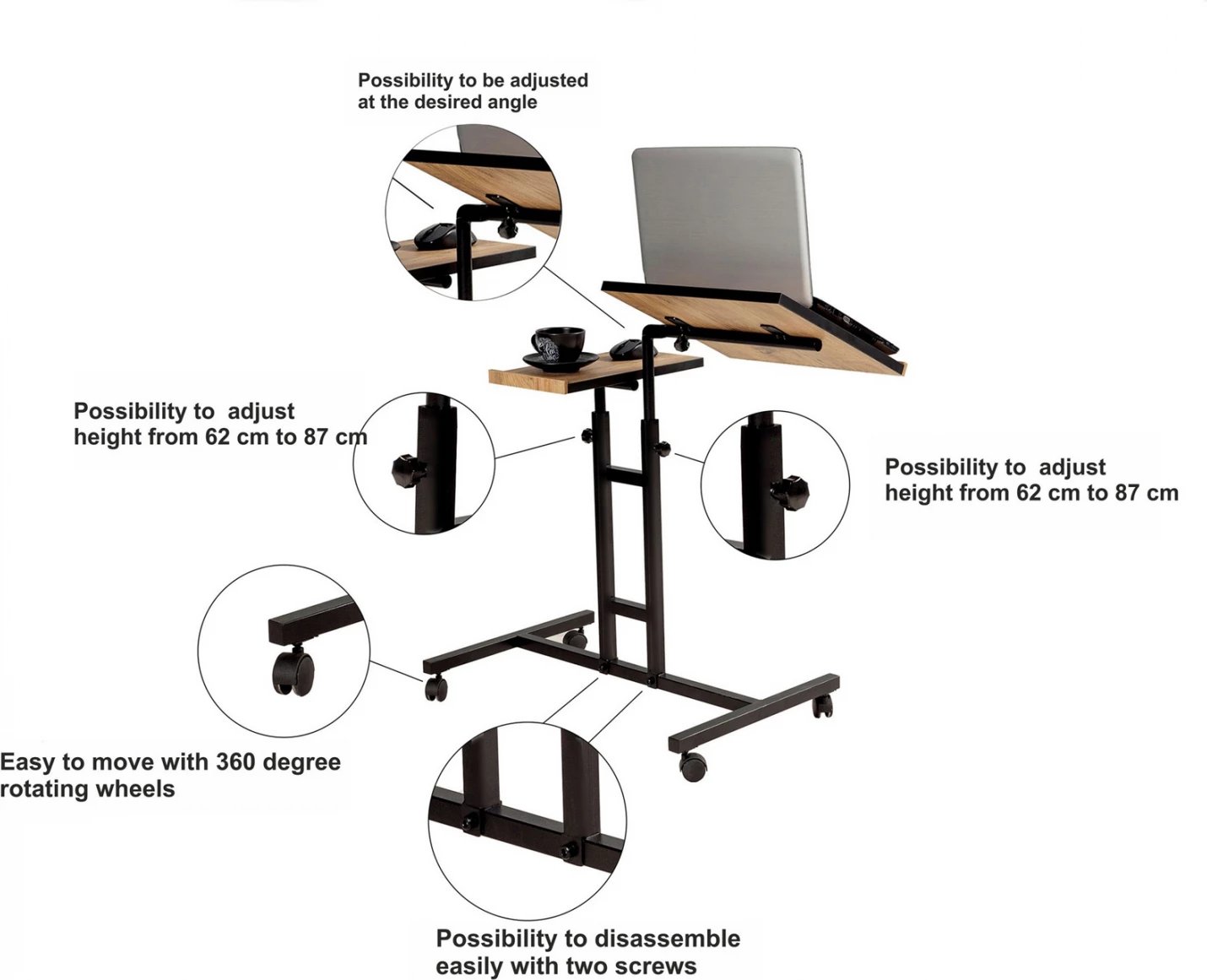 Tavolinë zyre e rregullueshme për laptop, FH8977.01, 67x45,4x62-87 cm