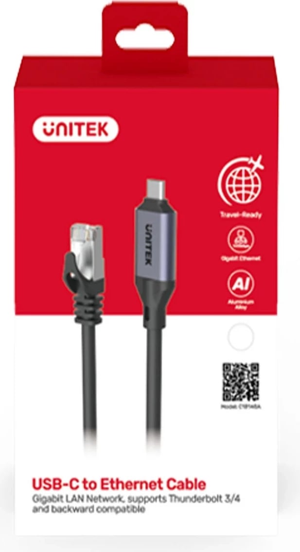 Kabllo  Ethernet Unitek USB C RJ-45 LAN, 2m, e zezë