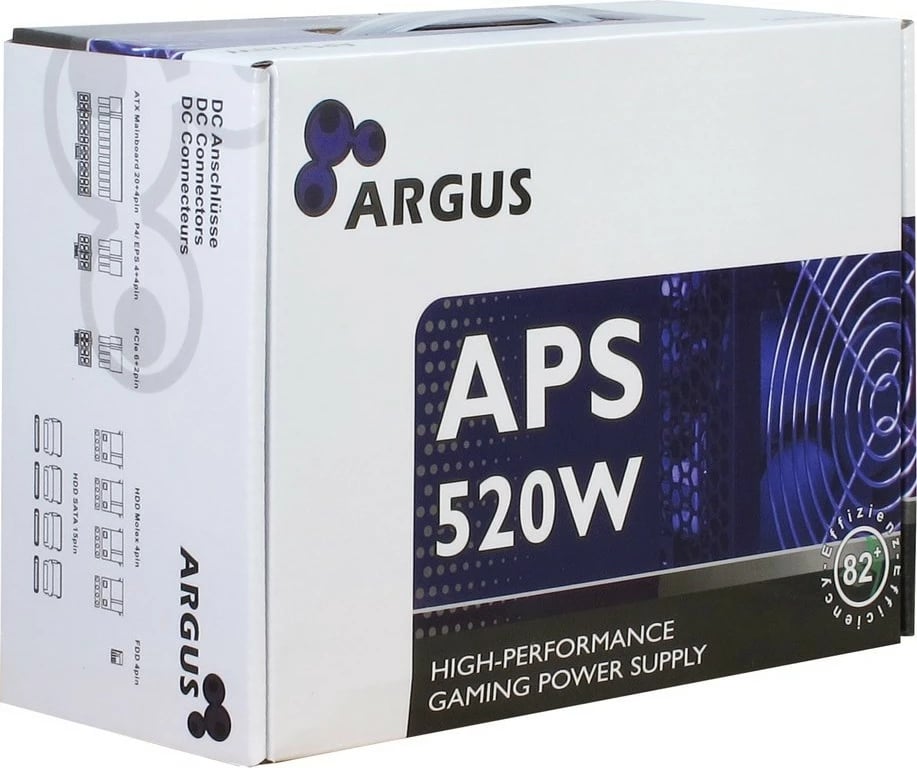 Furnizues energjie Inter-Tech Argus APS, 520 W, 115 - 230 V, 47 - 63 Hz, +12V1,+12V2,+3.3V,+5V,+5Vsb,-12V, Aktiv, 120 W