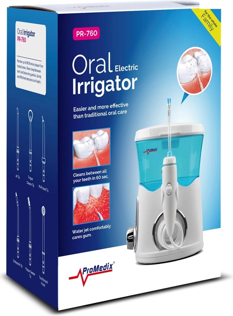 Irrigator oral Promedix PR-760, 0.6L, 8 kokë zëvendësuese, i bardhë/i kaltër