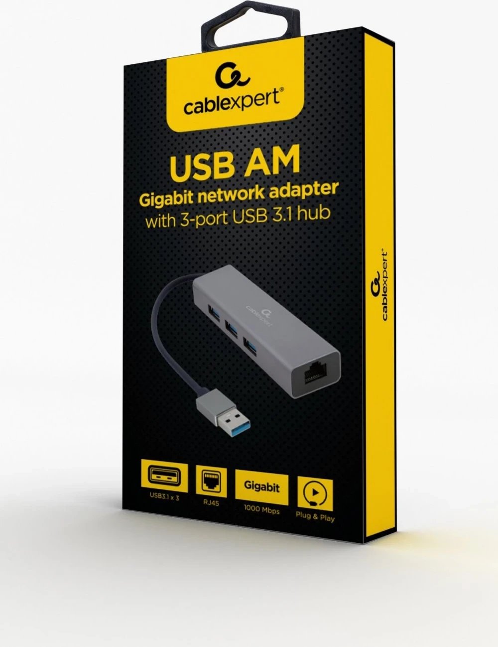 Adapter Gembird USB-AM në LAN Hub USB, gri