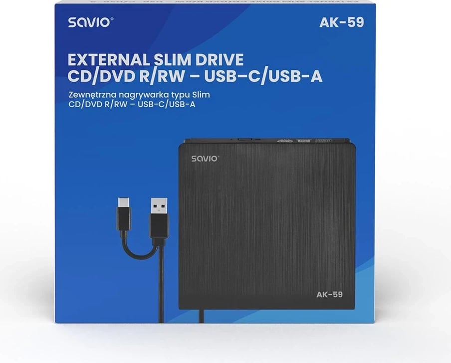 Regjistrues i jashtëm CD/DVD SAVIO AK-59, USB-C/USB-A, ngjyrë e zezë