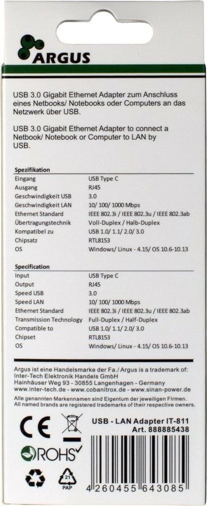 Pajisje rrjetë Inter-Tech ARGUS IT-811, Chipset Realtek RTL8153, E zezë