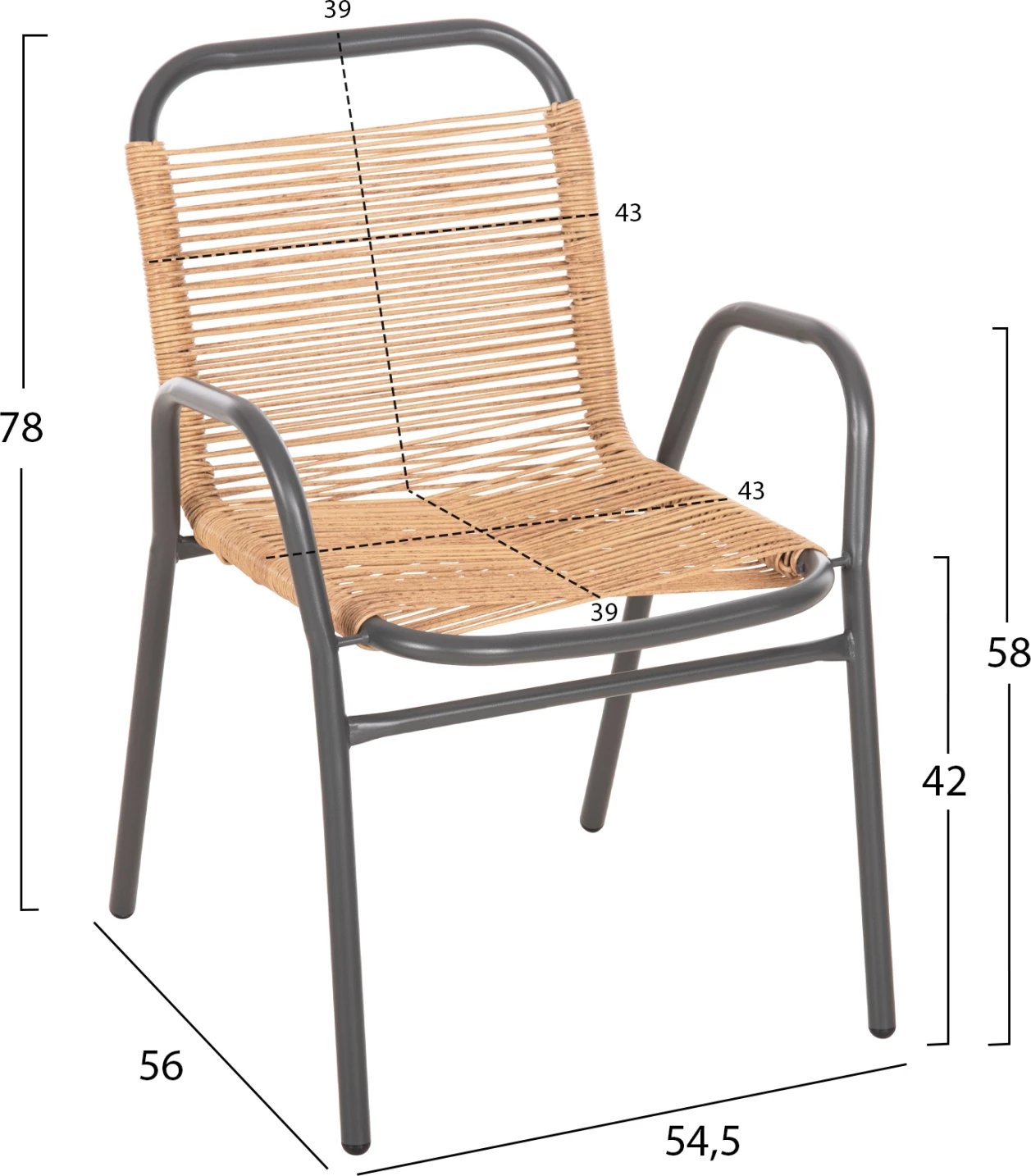 Karrige për jashtë AVRIL FH5968.02 metalike, ngjyrë gri-sintetik rattan, natyrale, 54.5x56x78H