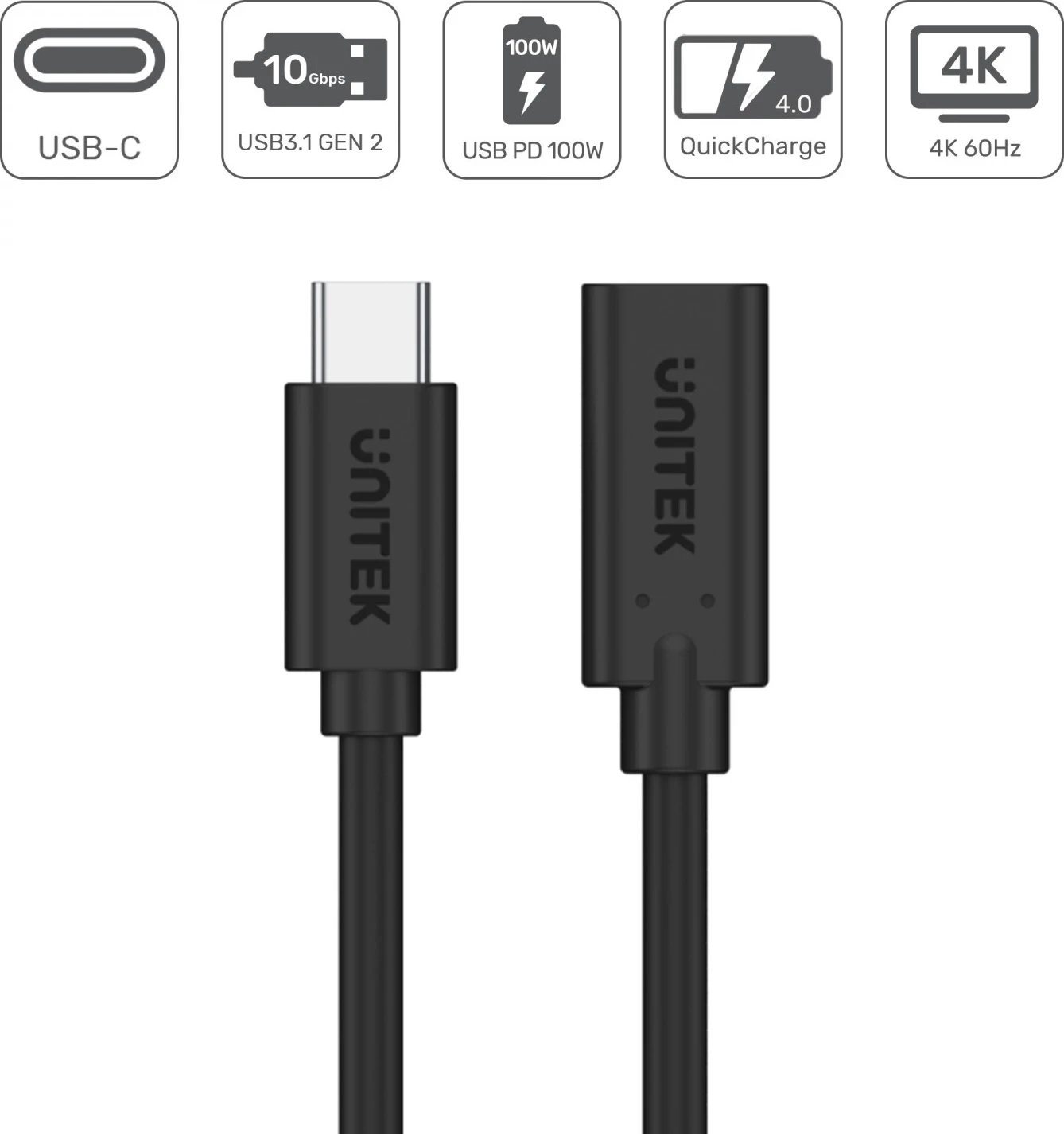 Kabllo zgjatëse Unitek USB-C 10Gbps 4K, PD 100W, 1.5 metra, e zezë