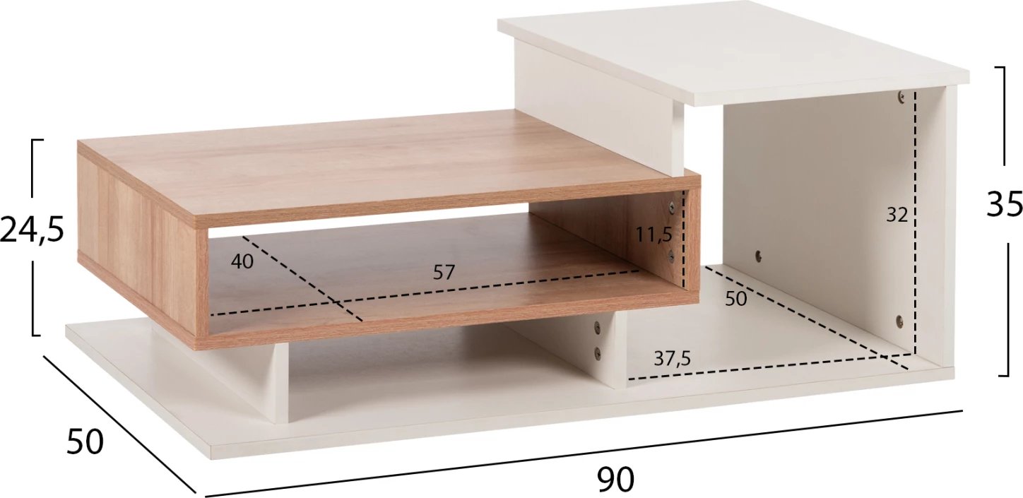 Tavolinë kafeje ROSAMUND FH8868.11 melaminë, ngjyrë bardhë & natyrale, 90x50x24,5-35Hcm