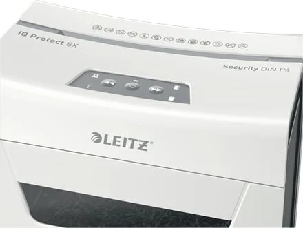 Shredder LEITZ IQ Protect Premium 8X, P4, 8 fletë, shportë 14 l, e bardhë