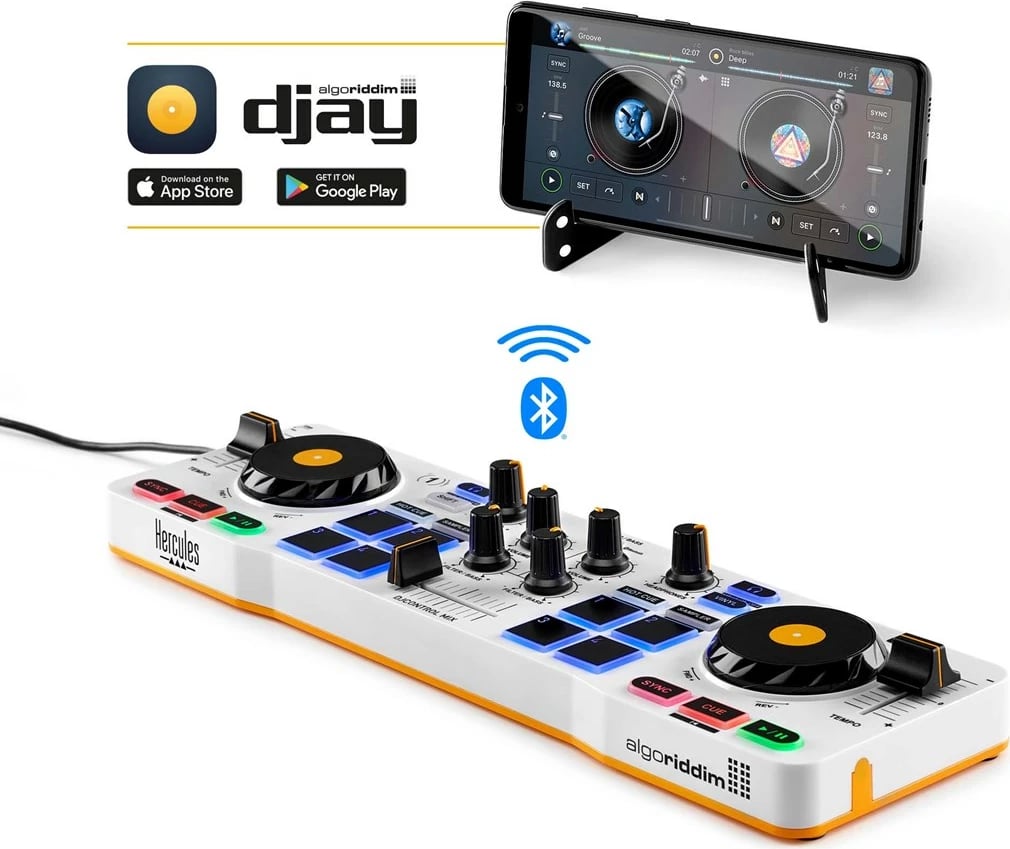 Kontroller DJ Hercules DJControl MIX Bluetooth për Celular dhe tableta Android, 2 kanale, Ngjyrë e zezë, e bardhë, e verdhë
