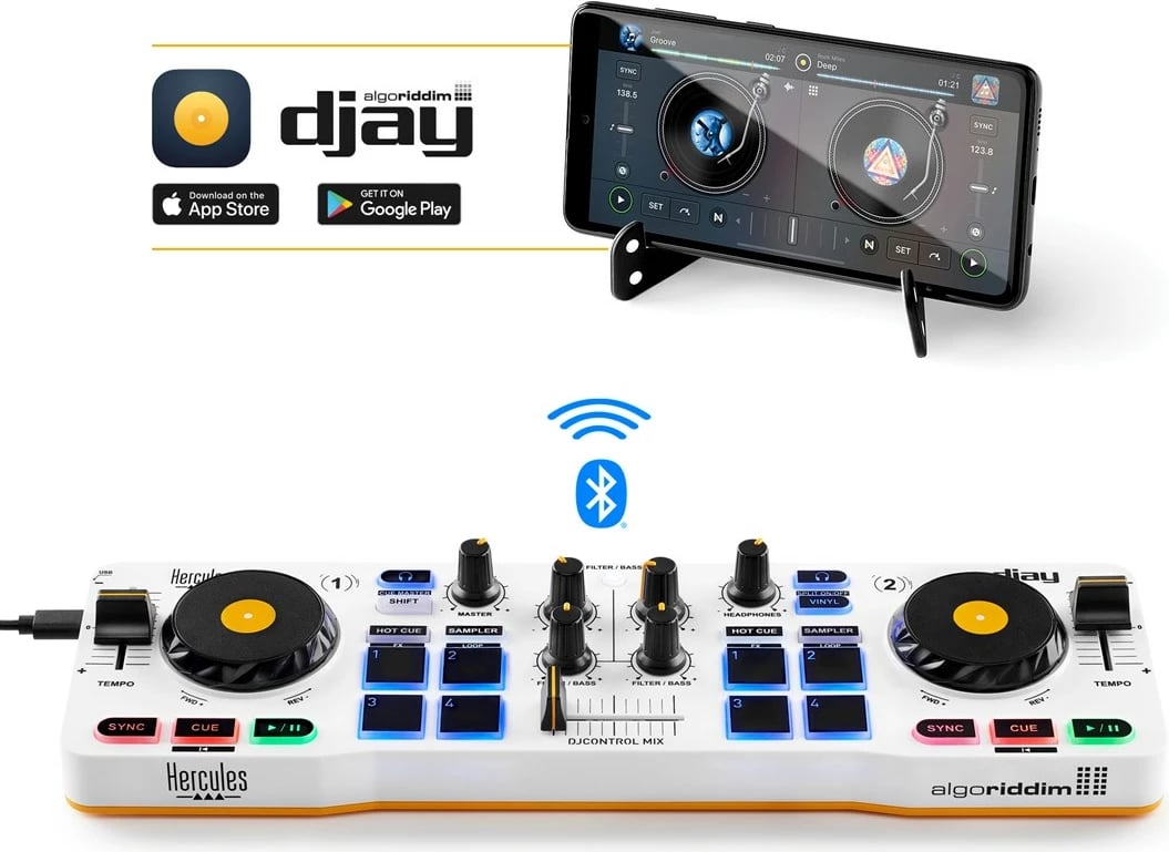 Kontroller DJ Hercules DJControl MIX Bluetooth për Celular dhe tableta Android, 2 kanale, Ngjyrë e zezë, e bardhë, e verdhë