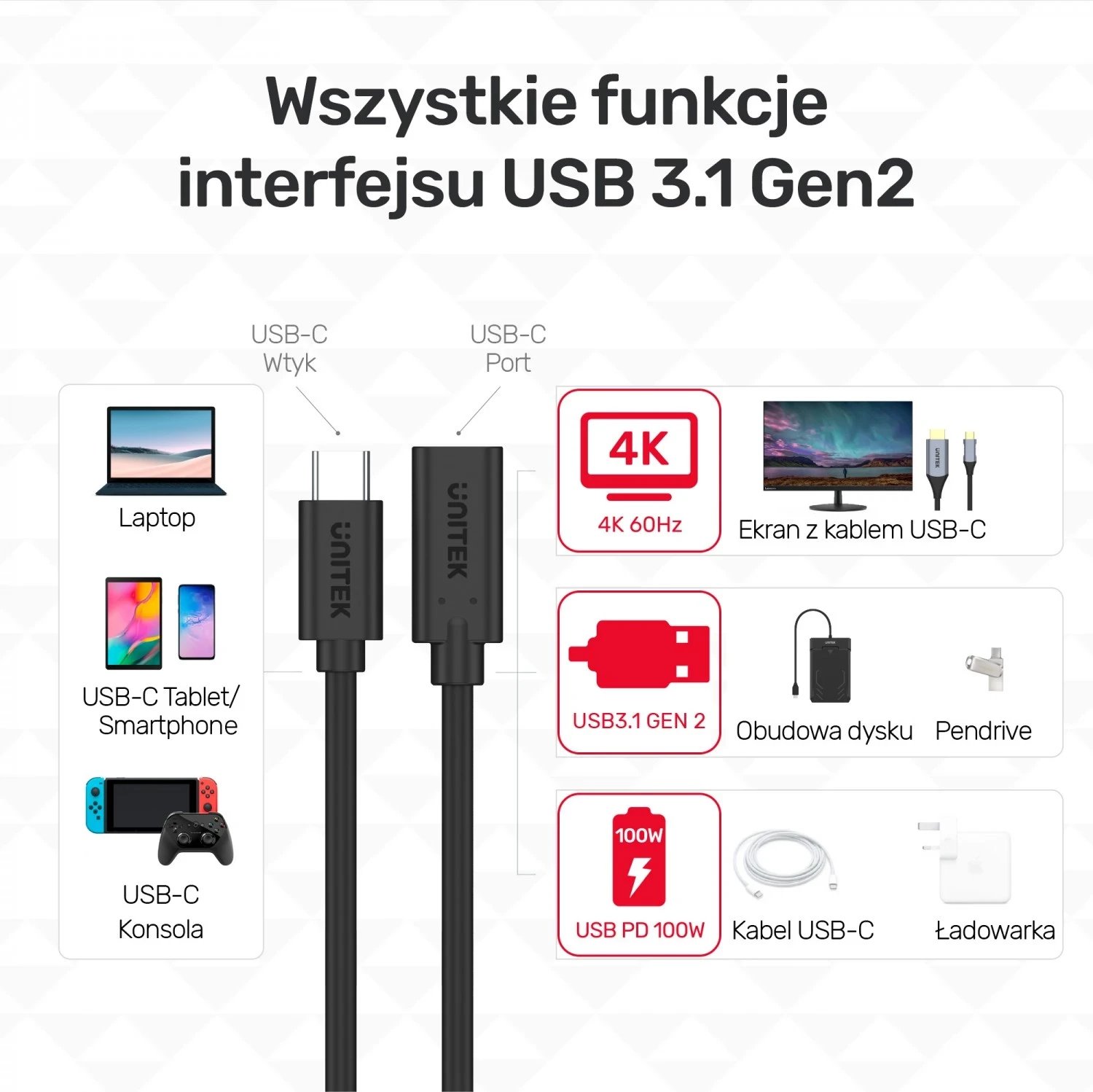 Kabllo zgjatëse Unitek USB-C 10Gbps 4K, PD 100W, 1.5 metra, e zezë