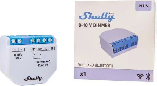 Dimmer Shelly Plus 0-10V, Wireless, Blu, Gri