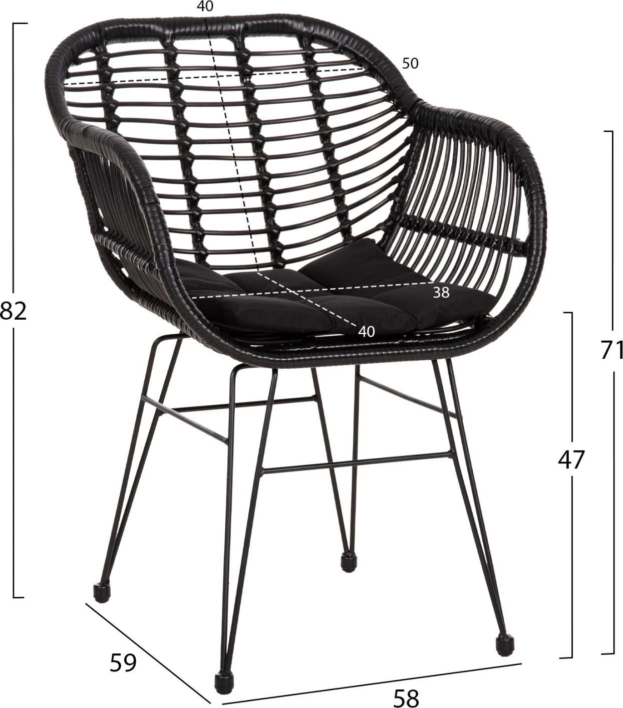 Karrige me jastëk, kornizë metalike, ALLEGRA FH5450.32, ratan i zi, 58x59x82H