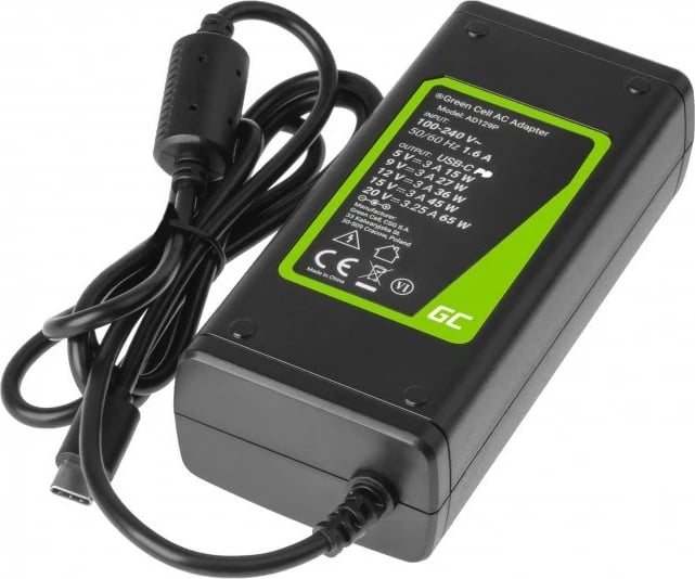 Karikues për laptop Green Cell AD134P, USB-C charger AC, 65W, i zi